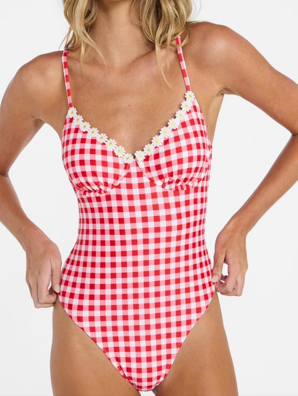 NWT No Boundaries Red Gingham Daisy Trim Underwire One-Piece Swimsuit - Medium